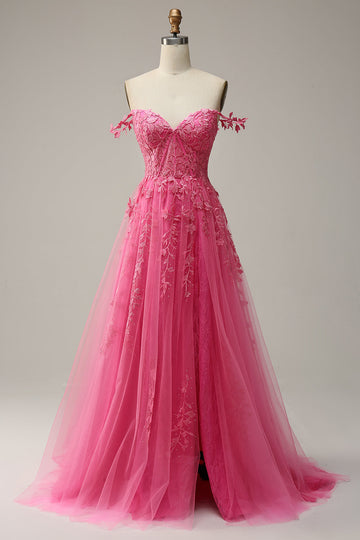 Une ligne de l’épaule Rose vif Robe de bal longue avec appliques